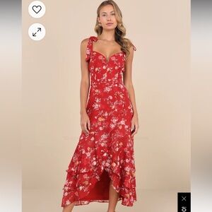 Lulus So Elevated Red Floral Jacquard Tie-Strap High-Low Midi Dress